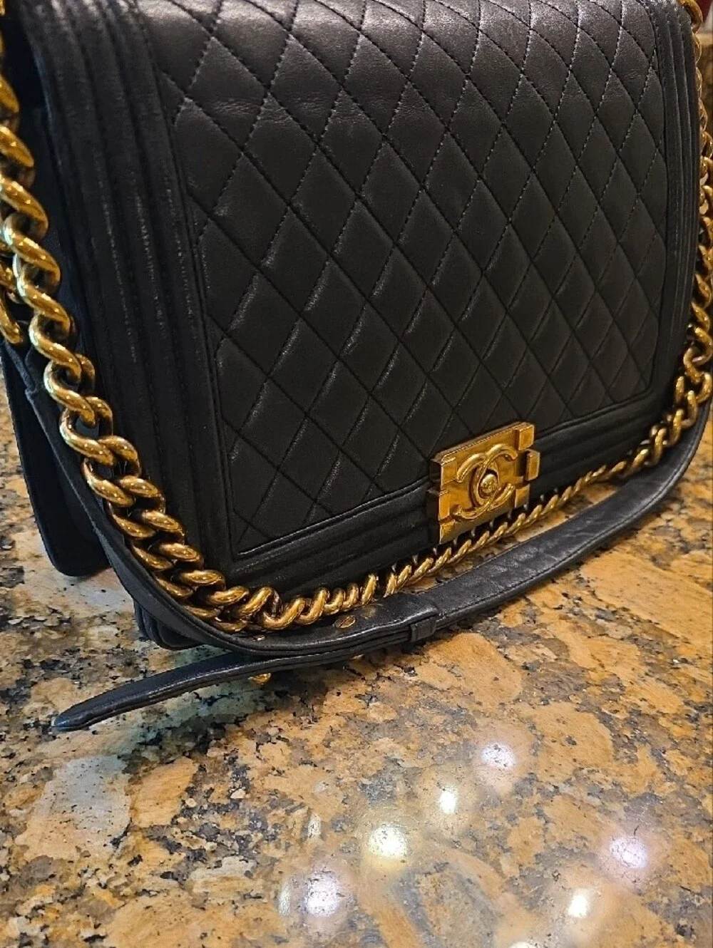 CHANEL Medium Boy Bag Quilted Lambskin Crossbody with Gold Hardware.